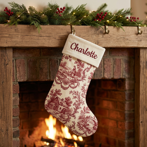 Red toile personalized Christmas stocking with natural linen cuff