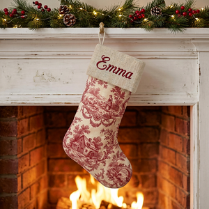 Red toile personalized Christmas stocking with natural linen cuff