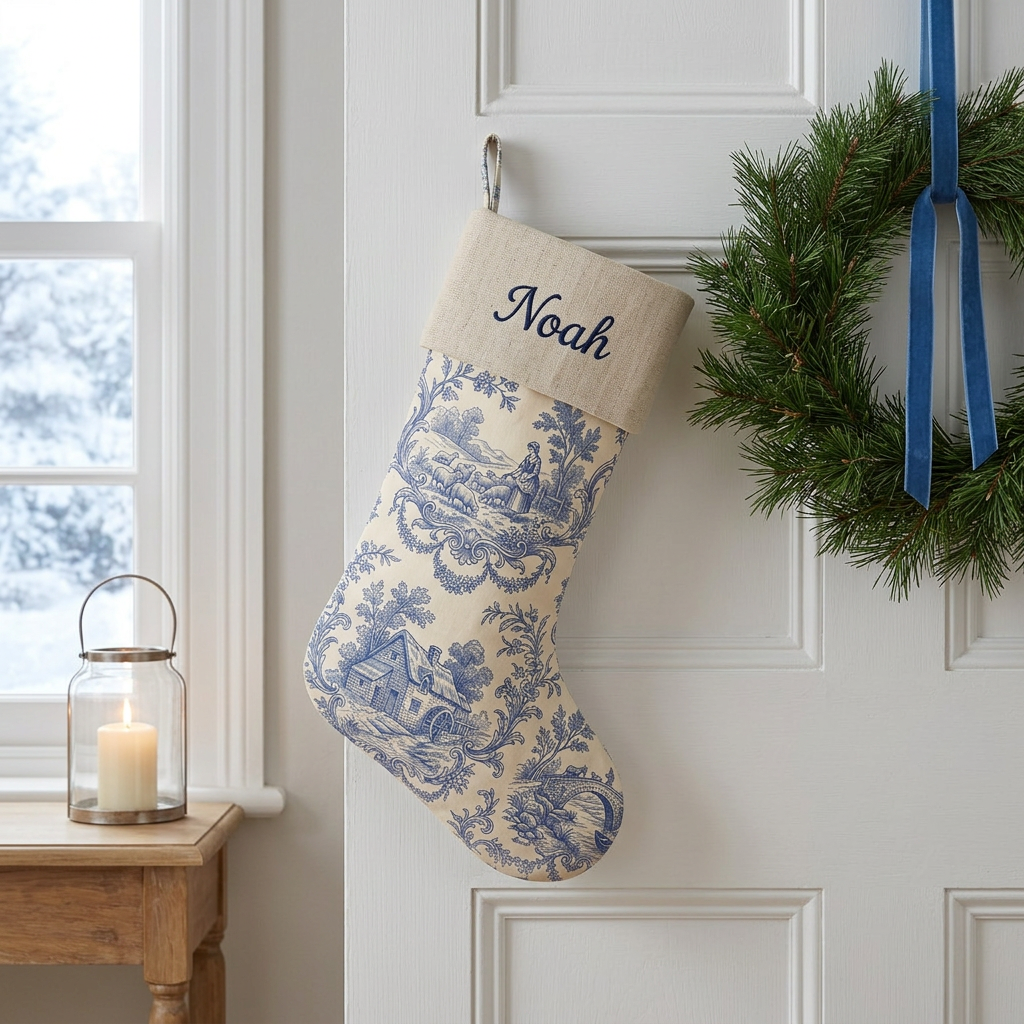 Blue toile personalized Christmas stocking with natural linen cuff