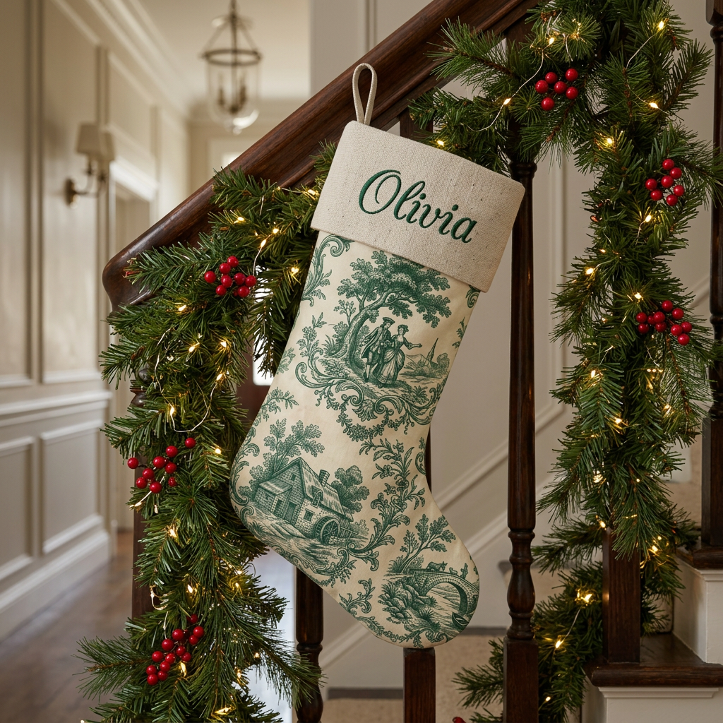 Dark Green toile personalized Christmas stocking with natural linen cuff