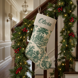 Dark Green toile personalized Christmas stocking with natural linen cuff