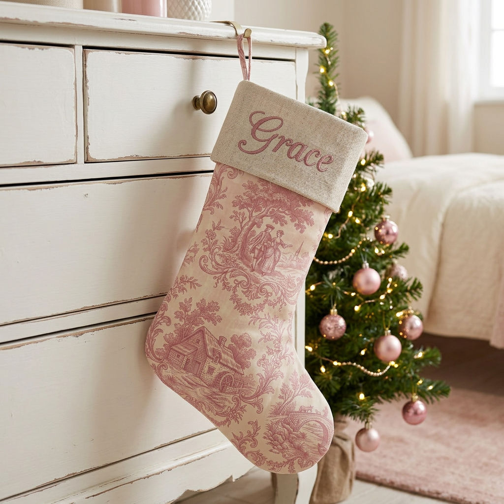 Pink toile personalized Christmas stocking with natural linen cuff