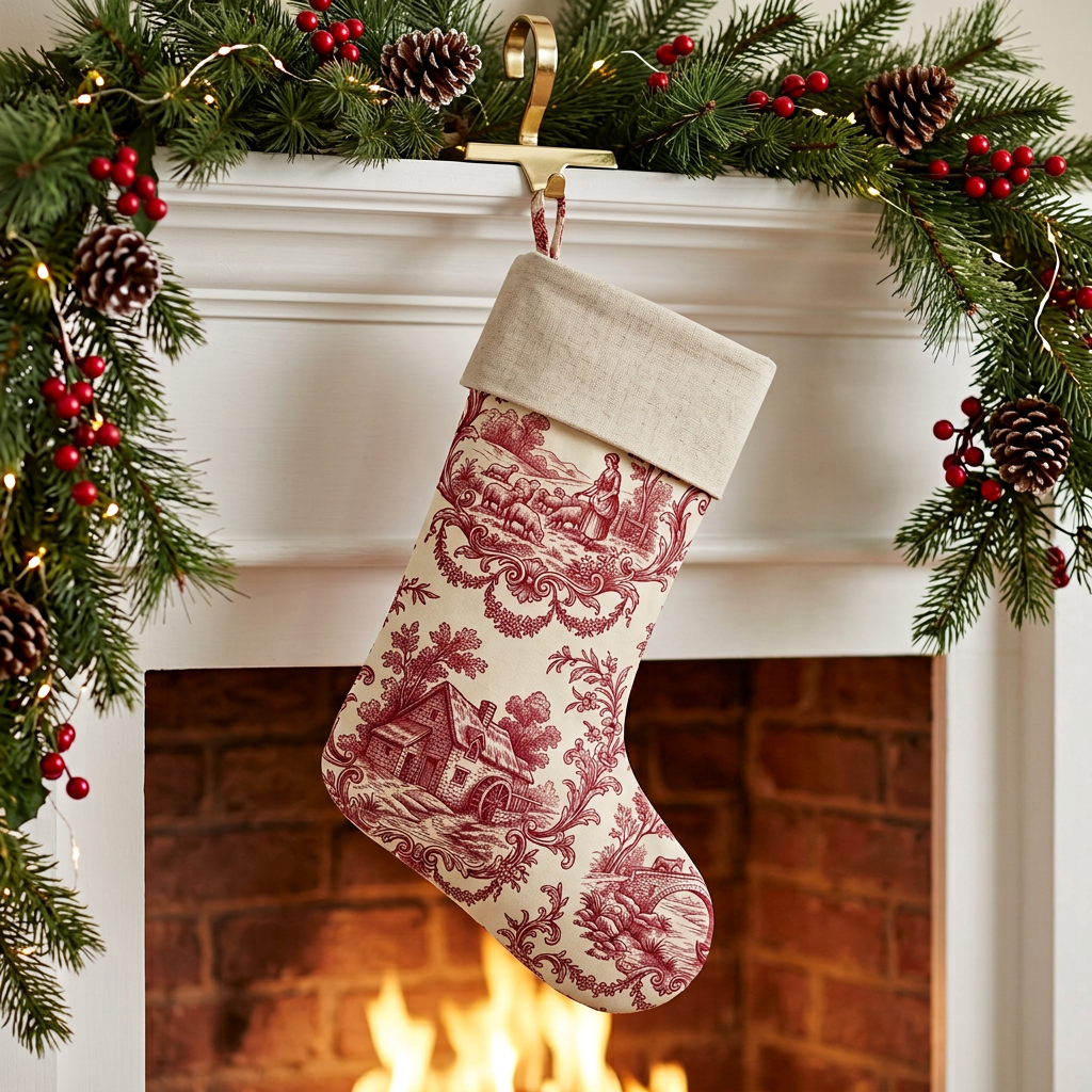 Red toile personalized Christmas stocking with natural linen cuff