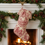 Red toile personalized Christmas stocking with ruffled toile cuff