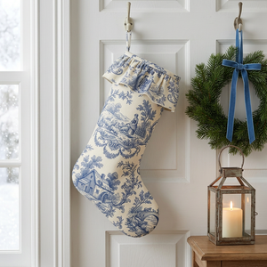Blue toile personalized Christmas stocking with ruffled toile cuff