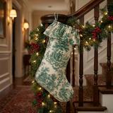 Dark Green toile personalized Christmas stocking with ruffled toile cuff
