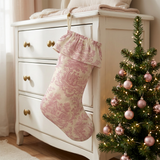 Pink toile personalized Christmas stocking with ruffled toile cuff