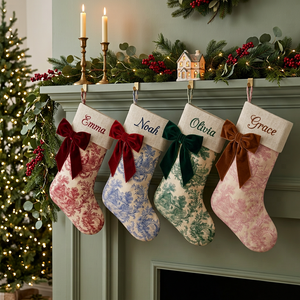 Personalized toile Christmas stockings with linen cuff and velvet side bow hanging by the fireplace