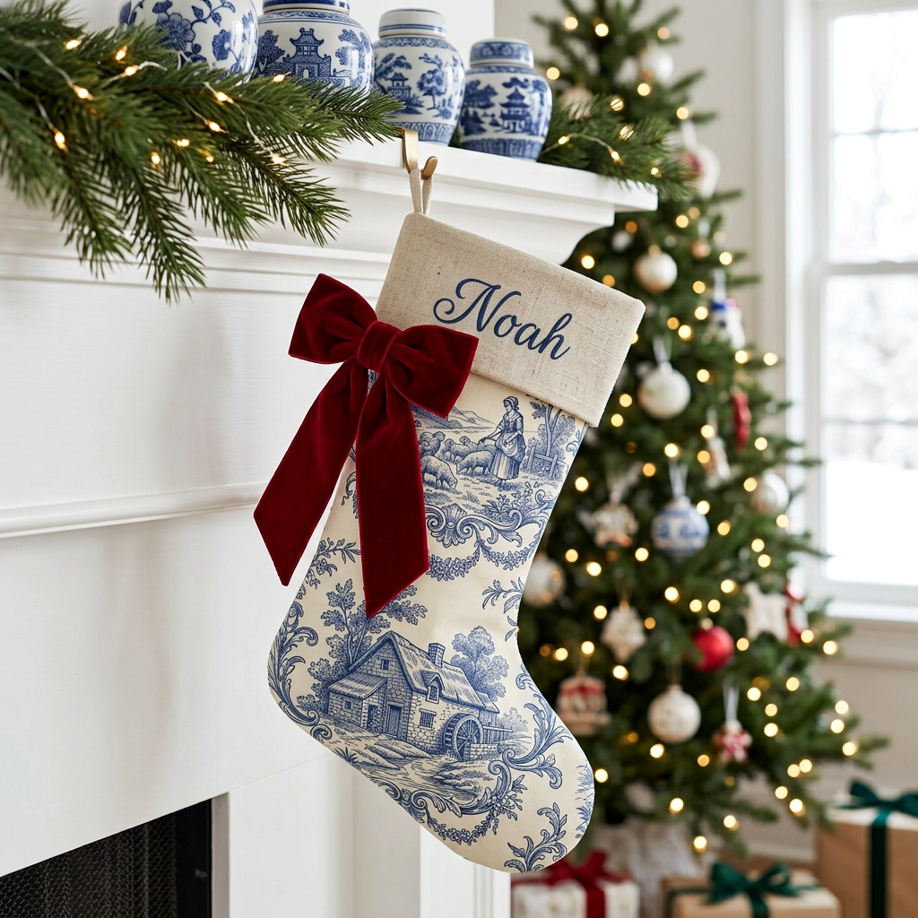 Blue toile personalized Christmas stocking with linen cuff and velvet side bow