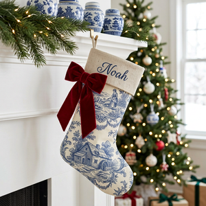 Blue toile personalized Christmas stocking with linen cuff and velvet side bow