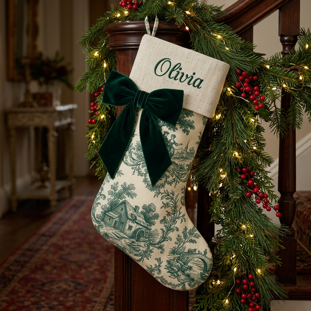 Dark Green toile personalized Christmas stocking with linen cuff and velvet side bow