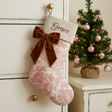 Pink toile personalized Christmas stocking with linen cuff and velvet side bow