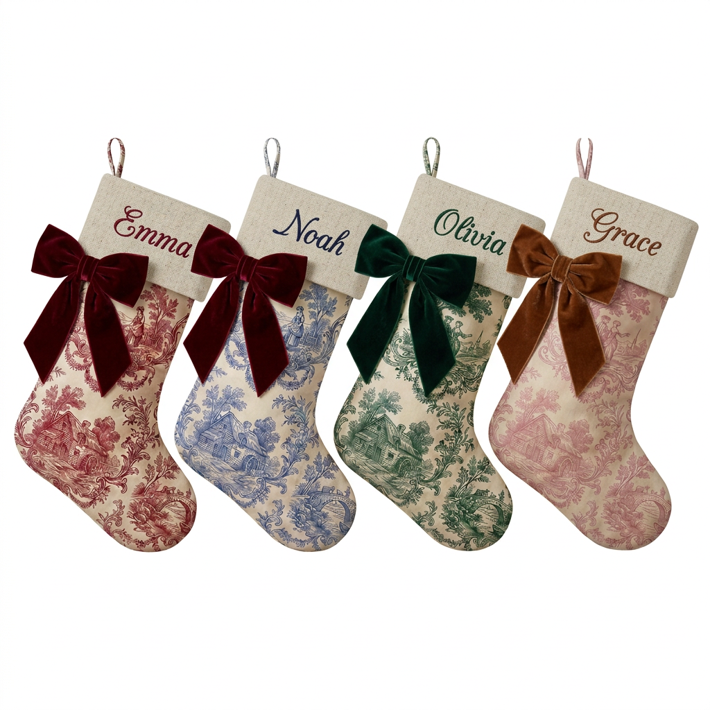 Set of four personalized toile Christmas stockings with linen cuff and velvet side bow in red, blue, dark green and pink