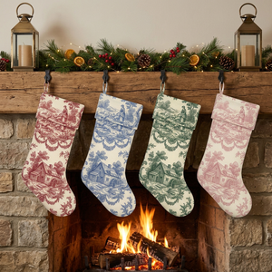 Personalized toile Christmas stockings with matching toile cuff hanging by the fireplace