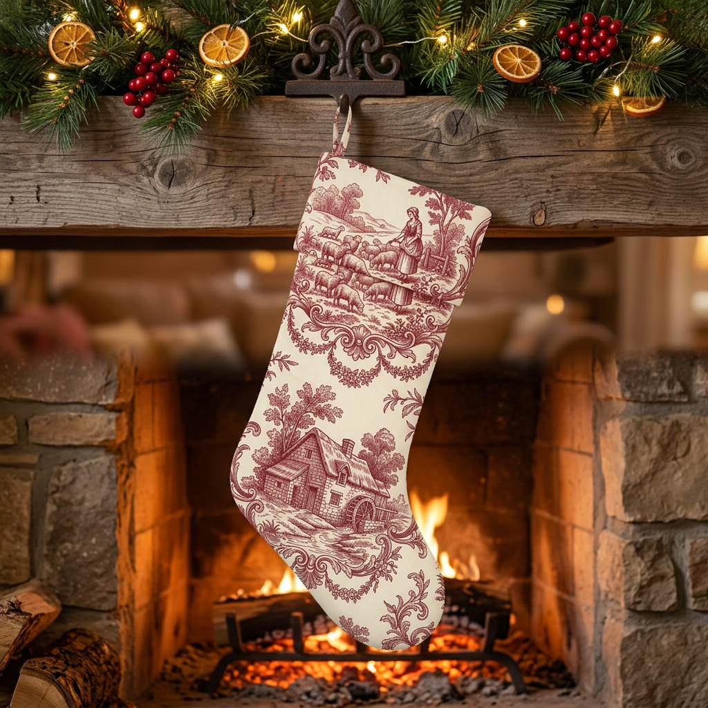 Red toile personalized Christmas stocking with matching toile cuff