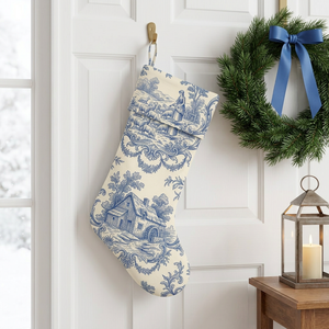 Blue toile personalized Christmas stocking with matching toile cuff