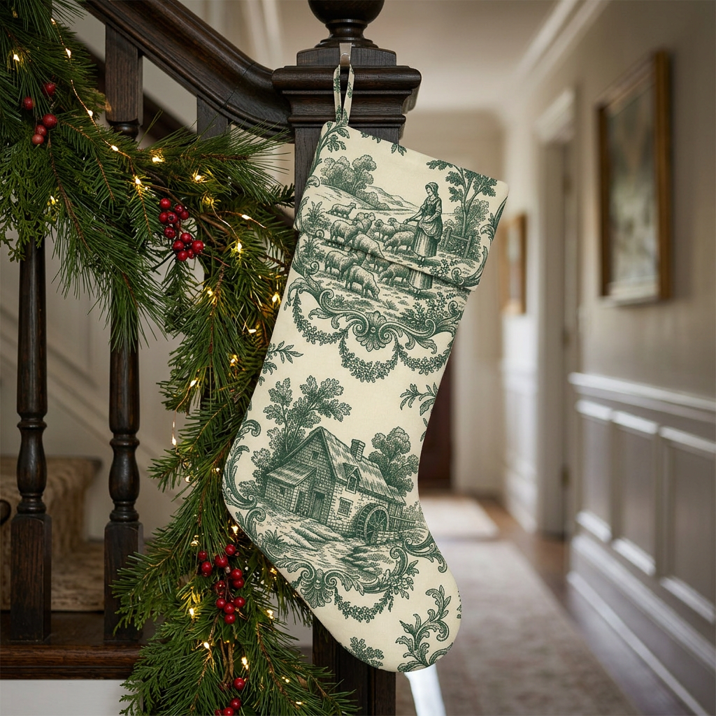 Dark Green toile personalized Christmas stocking with matching toile cuff