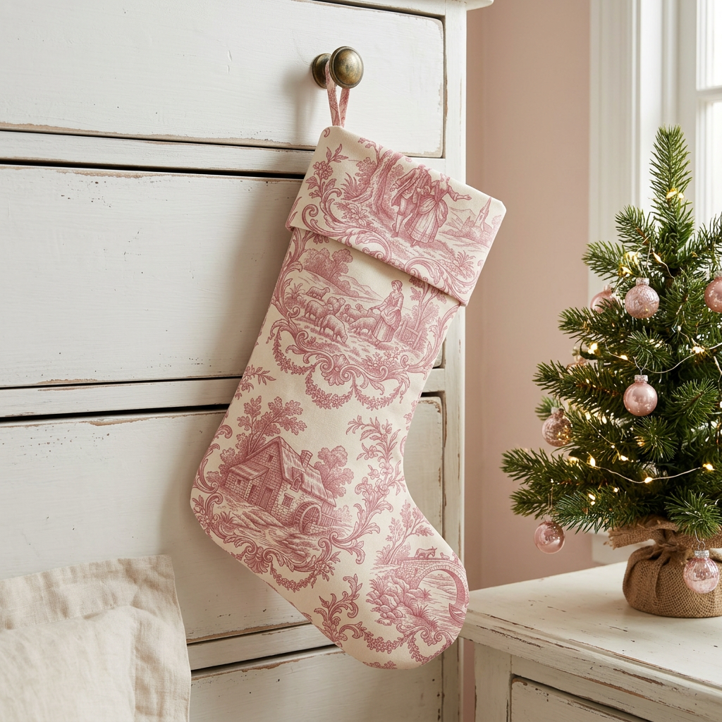 Pink toile personalized Christmas stocking with matching toile cuff