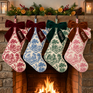 Personalized toile Christmas stockings with ruffle top and velvet bow hanging by the fireplace