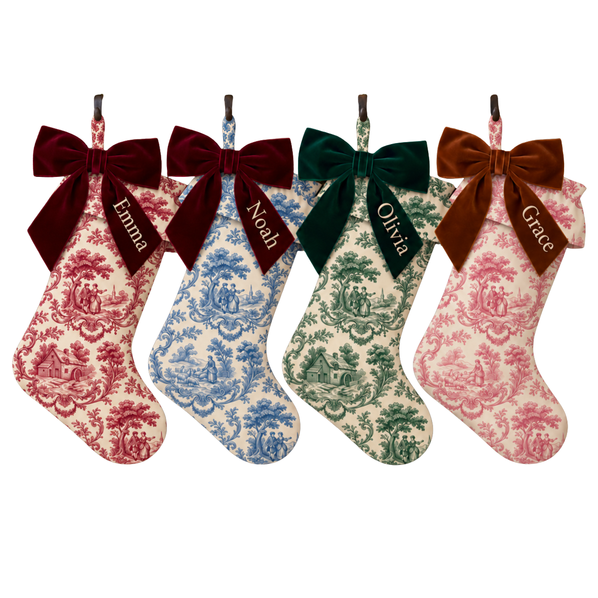 Set of four personalized toile Christmas stockings with ruffle top and velvet bow in red, blue, dark green and pink