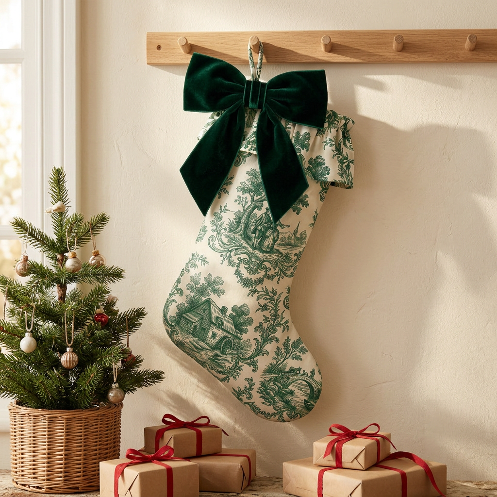 Dark Green toile personalized Christmas stocking with ruffle top and velvet bow