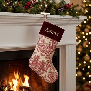 Red toile personalized Christmas stocking with burgundy velvet cuff