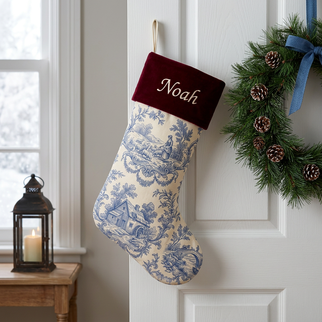 Blue toile personalized Christmas stocking with burgundy velvet cuff