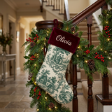 Dark Green toile personalized Christmas stocking with burgundy velvet cuff