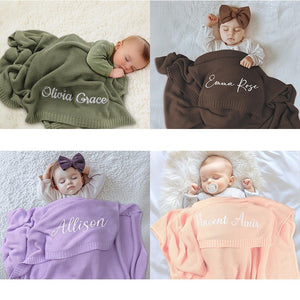 Babies resting under personalized embroidered knit blankets