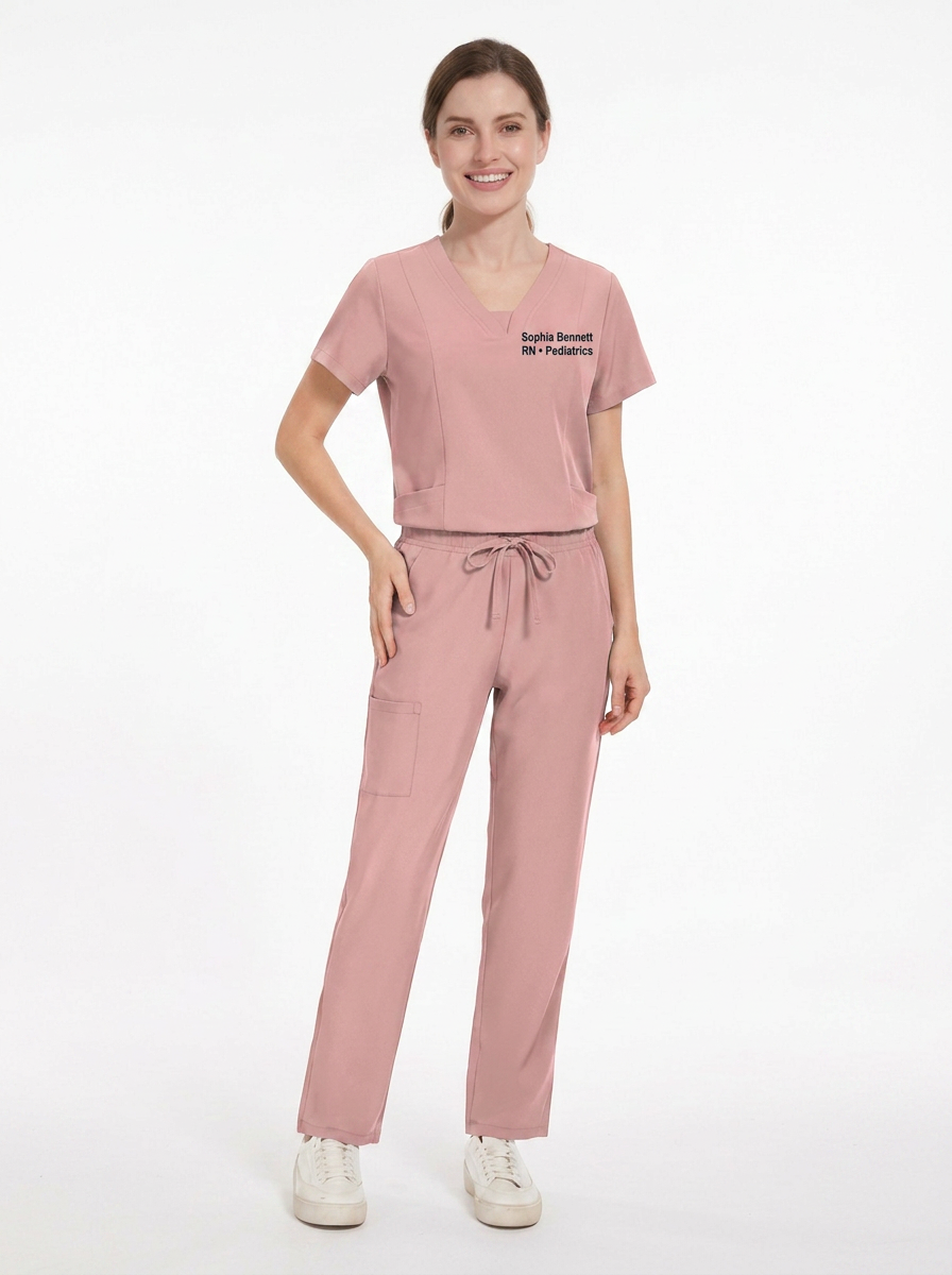 Medical Scrub Set – V-Neck Short Sleeve Nursing Uniform with Pockets